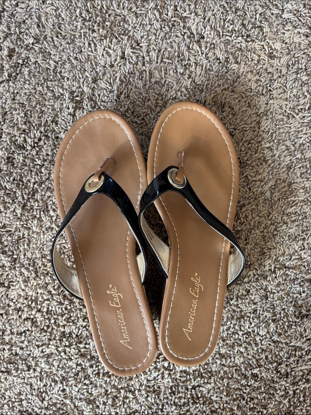 American Eagle Outfitters Black Strap Tan Footbed Thong Wedges